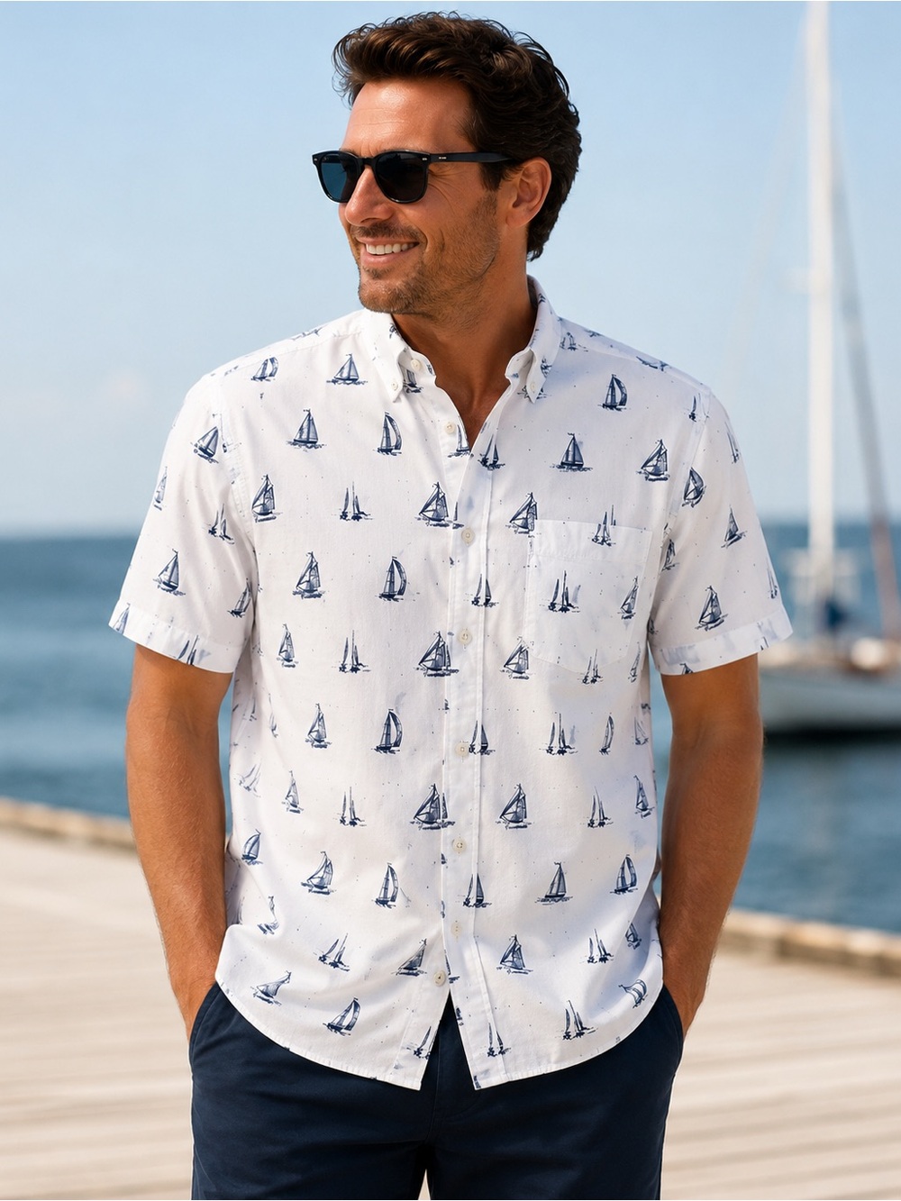 Cremieux Club 38 Men’s Nautical Print Button Down Shirt White Navy XL NWT